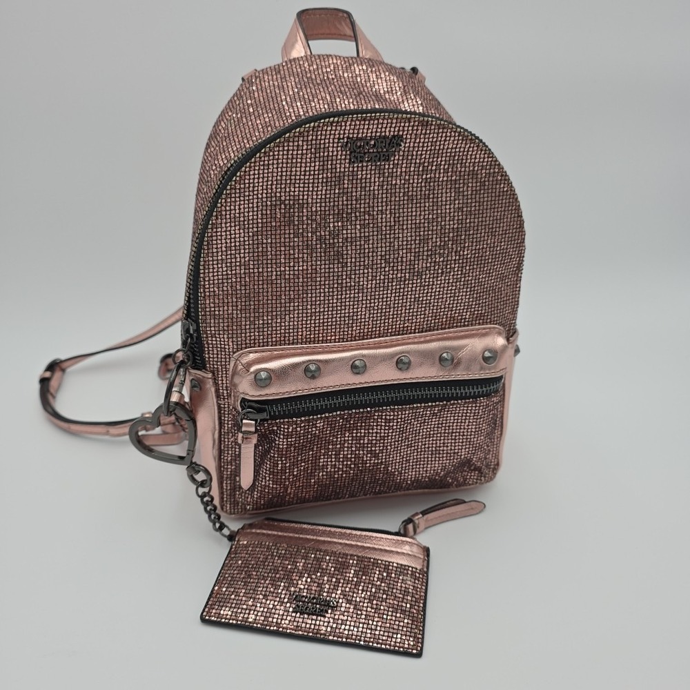 Victoria Secret Pink Studded Bling Mini Backpack & Coin Purse Rose Gold, 10 Inch